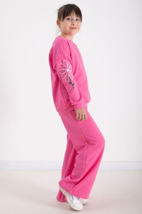 Pembe Kolları Papatya Nakışlı Bisiklet Yaka Kız Çocuk Eşofman Takımı 22743