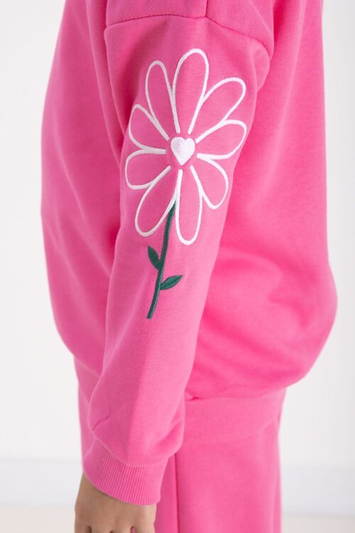 Pembe Kolları Papatya Nakışlı Bisiklet Yaka Kız Çocuk Eşofman Takımı 22743