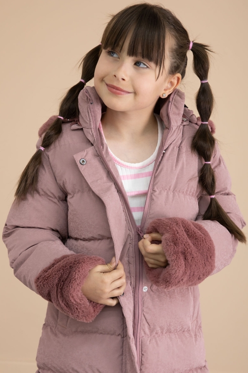 Pembe Kolu Kürk Detaylı İçi Yünlü Kız Çocuk Kapüşonlu Şişme Mont 21329