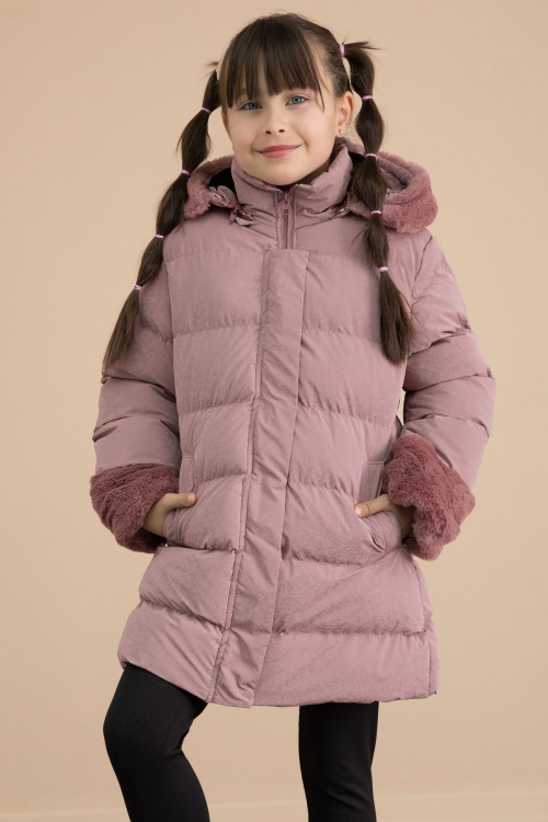 Pembe Kolu Kürk Detaylı İçi Yünlü Kız Çocuk Kapüşonlu Şişme Mont 21329
