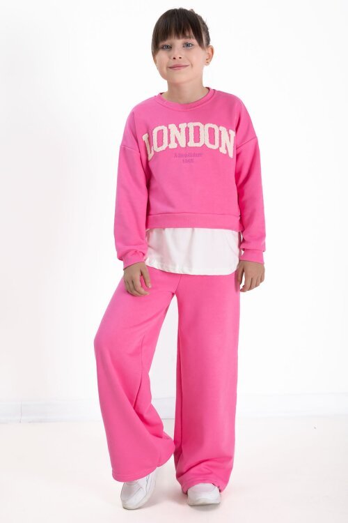 Pembe London Yazılı Nakışlı Kız Çocuk Geniş Paça Eşofman Takımı 22724