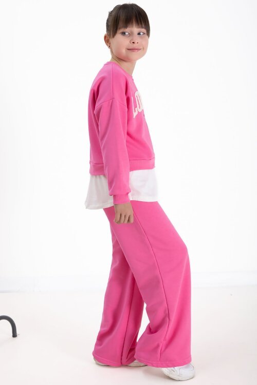Pembe London Yazılı Nakışlı Kız Çocuk Geniş Paça Eşofman Takımı 22724