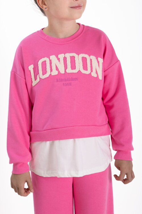 Pembe London Yazılı Nakışlı Kız Çocuk Geniş Paça Eşofman Takımı 22724