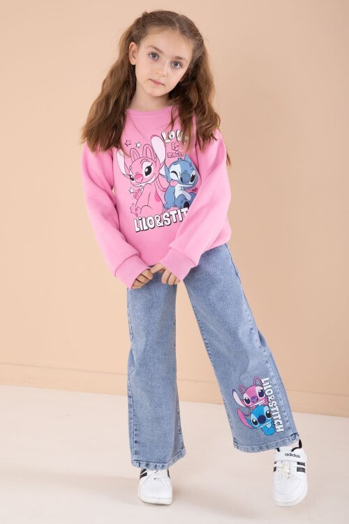 Pembe Love Karakter Baskılı Şardonlu Badili Kız Çocuk Pantolonlu 2li Takım 22744