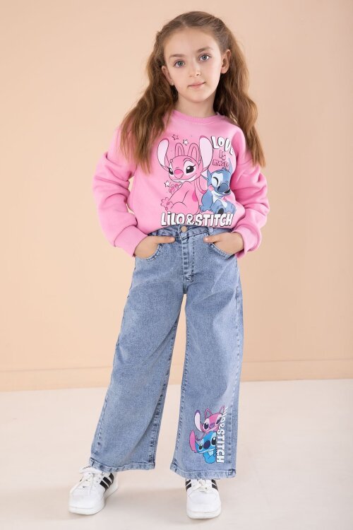 Pembe Love Karakter Baskılı Şardonlu Badili Kız Çocuk Pantolonlu 2li Takım 22744