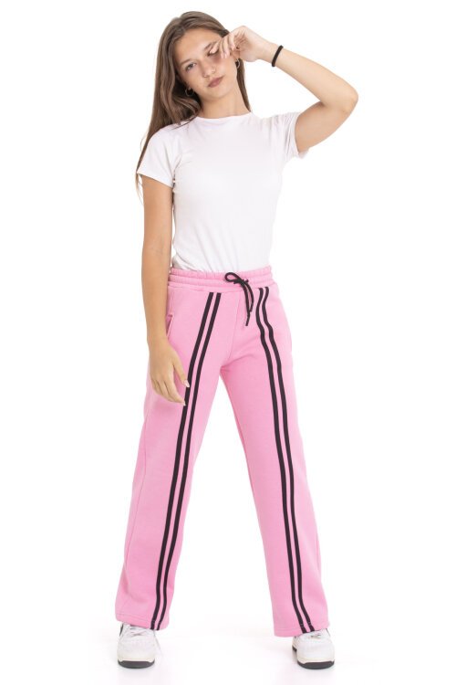 Pembe Önü Şeritli Geniş Paça Şardonlu  Kız Çocuk Basic Eşofman Altı 21272