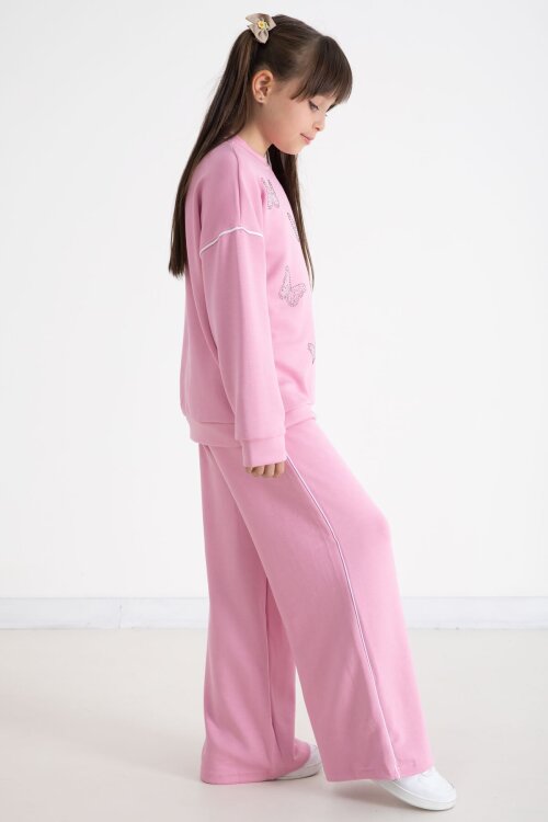 Pembe Payetli Kelebek İşlemeli Geniş Paça Kız Çocuk Eşofman Takımı 22734