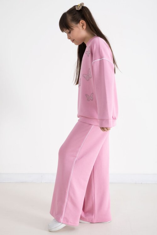 Pembe Payetli Kelebek İşlemeli Geniş Paça Kız Çocuk Eşofman Takımı 22734