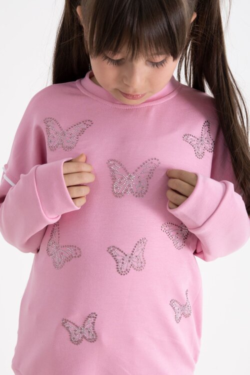 Pembe Payetli Kelebek İşlemeli Geniş Paça Kız Çocuk Eşofman Takımı 22734