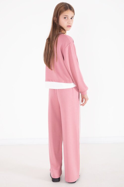 Pembe Şerit Detaylı Yazılı Geniş Paça Kız Çocuk Takım 22773