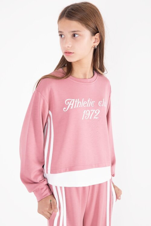 Pembe Şerit Detaylı Yazılı Geniş Paça Kız Çocuk Takım 22773