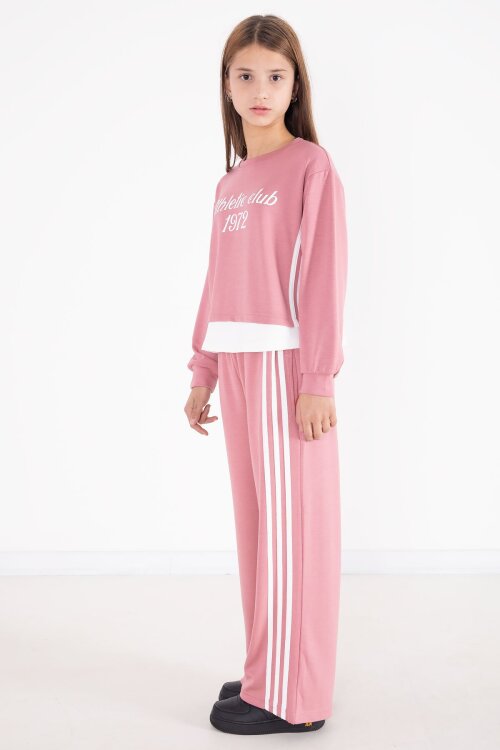 Pembe Şerit Detaylı Yazılı Geniş Paça Kız Çocuk Takım 22773