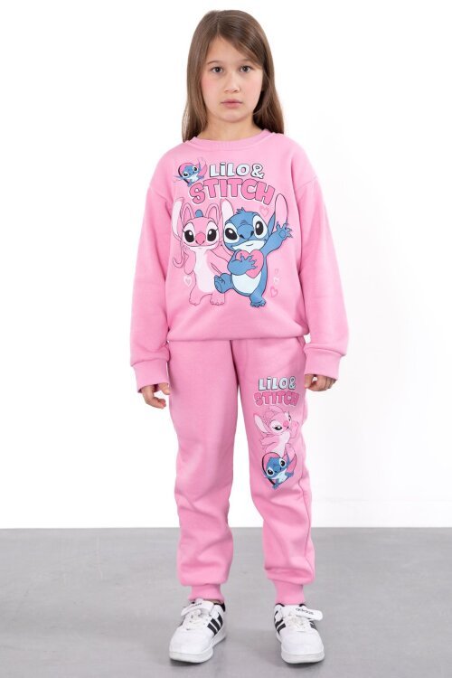 Pembe Sevimli Simli Karakter Baskı Şardonlu Kız Çocuk Eşofman Takım 23294