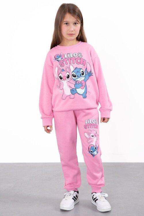 Pembe Sevimli Simli Karakter Baskı Şardonlu Kız Çocuk Eşofman Takım 23294