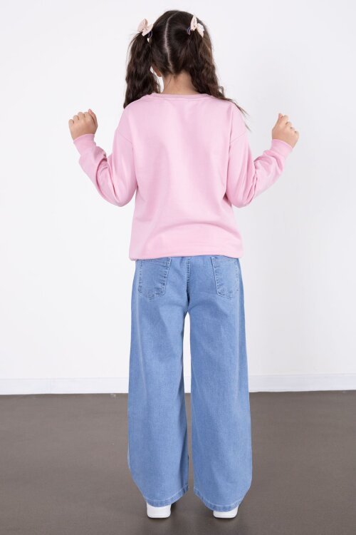 Pembe Simli Baskılı Badili Jean Pantolonlu Kız Çocuk 2li Takım 22756