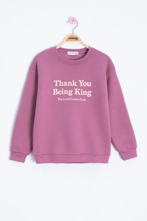 Pembe Yazı Baskılı Bisiklet Yaka Kız Çocuk Şardonlu Sweatshirt 23256