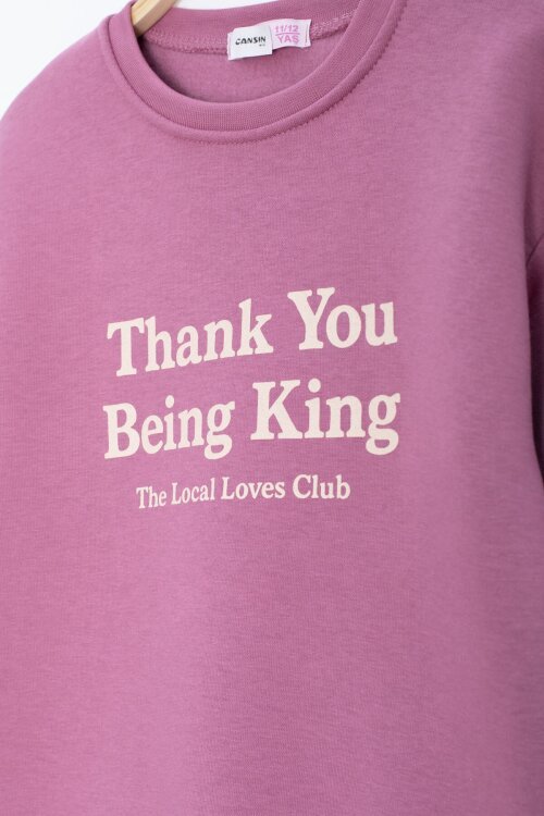 Pembe Yazı Baskılı Bisiklet Yaka Kız Çocuk Şardonlu Sweatshirt 23256