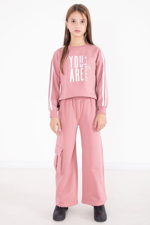 Pembe Yazı Baskılı Kargo Cep Detaylı Kız Çocuk Takım 22776