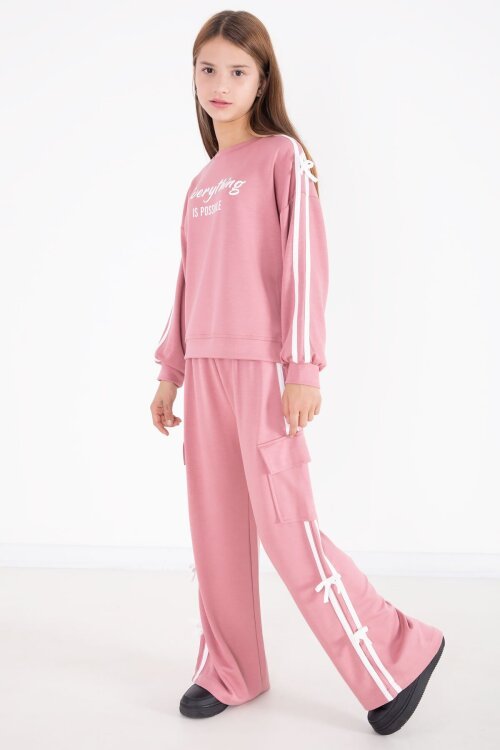 Pembe  Yazı Baskılı Şeritli Kız Çocuk Alt Üst Takım 22771