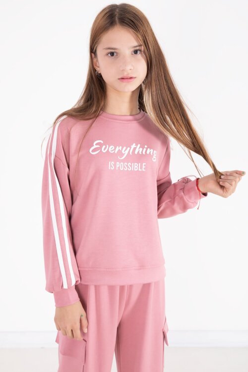 Pembe  Yazı Baskılı Şeritli Kız Çocuk Alt Üst Takım 22771