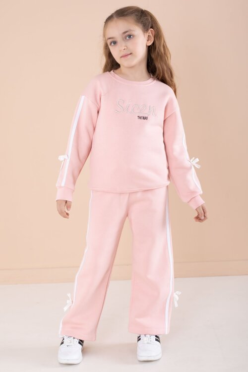 Pembe Yazı Nakışlı Şerit Detaylı Şardonlu Kız Çocuk Eşofman Takımı  23237