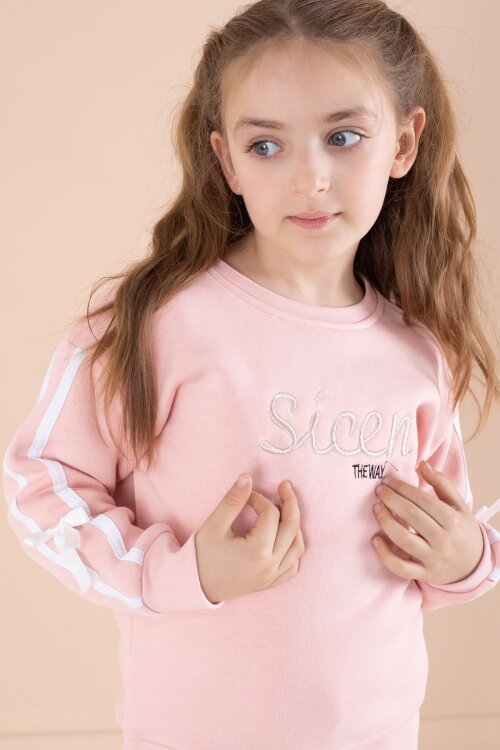 Pembe Yazı Nakışlı Şerit Detaylı Şardonlu Kız Çocuk Eşofman Takımı  23237