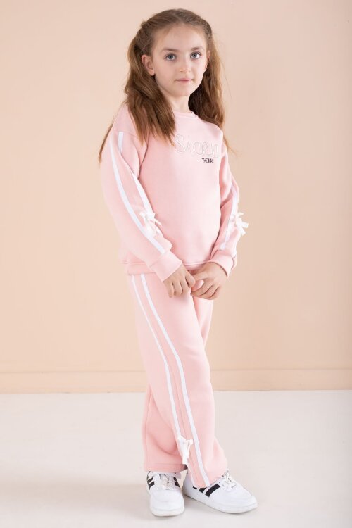 Pembe Yazı Nakışlı Şerit Detaylı Şardonlu Kız Çocuk Eşofman Takımı  23237