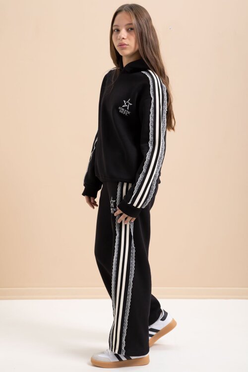 Siyah 3 İplik Şardonlu Şeritli Dantel  Detaylı Kız Çocuk Kapüşonlu Eşofman Takımı  22719