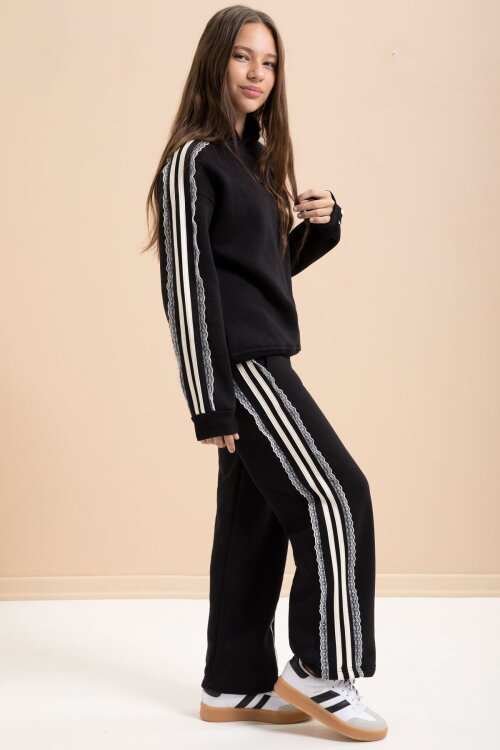 Siyah 3 İplik Şardonlu Şeritli Dantel  Detaylı Kız Çocuk Kapüşonlu Eşofman Takımı  22719