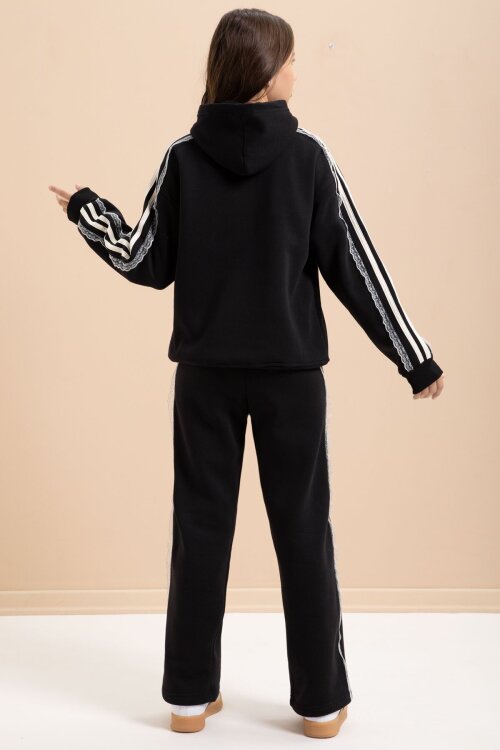 Siyah 3 İplik Şardonlu Şeritli Dantel  Detaylı Kız Çocuk Kapüşonlu Eşofman Takımı  22719
