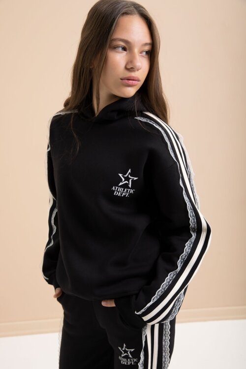 Siyah 3 İplik Şardonlu Şeritli Dantel  Detaylı Kız Çocuk Kapüşonlu Eşofman Takımı  22719