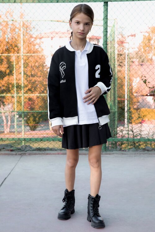 Siyah Beautifull Yazılı Kolu Şeritli Kız Çocuk Kolej Hırka 21190