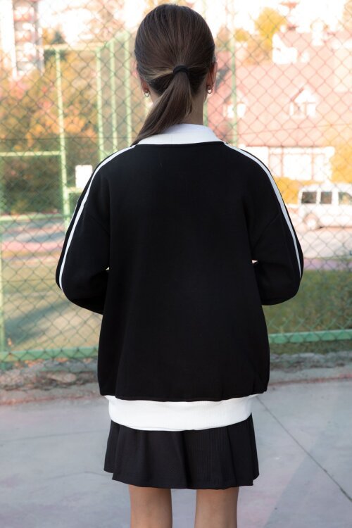 Siyah Beautifull Yazılı Kolu Şeritli Kız Çocuk Kolej Hırka 21190