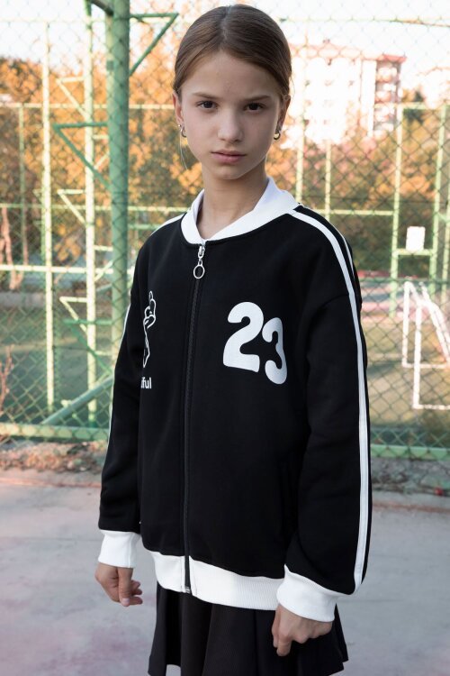 Siyah Beautifull Yazılı Kolu Şeritli Kız Çocuk Kolej Hırka 21190