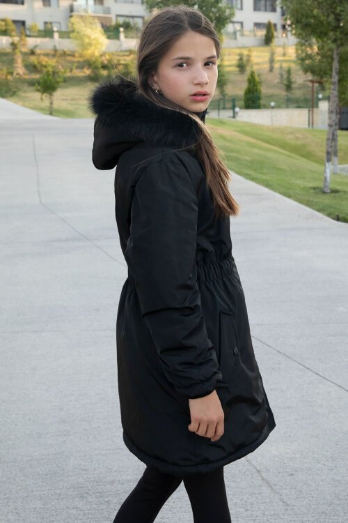 Siyah Çıtçıtlı Cepli Esnek Bel İçi Kürklü Kız Çocuk Kapüşonlu Mont 21301
