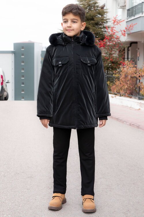 Siyah Çıtçıtlı Göğüs Cepli İçi Kürklü Erkek Çocuk Kapüşonlu Mont 21349