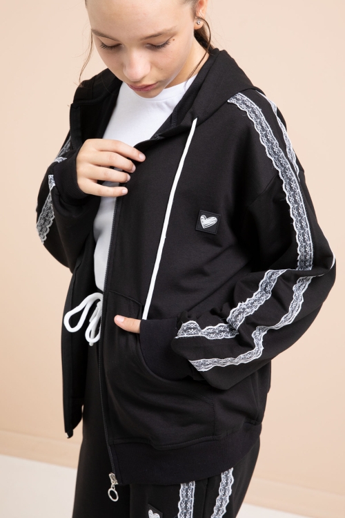 Siyah Dantel Şeritli Hırkalı Kız Çocuk 2li Eşofman Takımı 21242