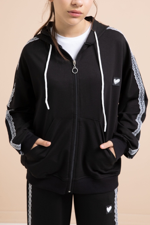 Siyah Dantel Şeritli Hırkalı Kız Çocuk 2li Eşofman Takımı 21242