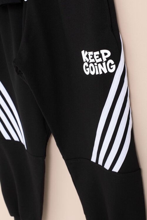 Siyah Erkek Çocuk Keep Going Yazılı Şeritli Erkek Çocuk Kapüşonlu Eşofman Takımı 23416