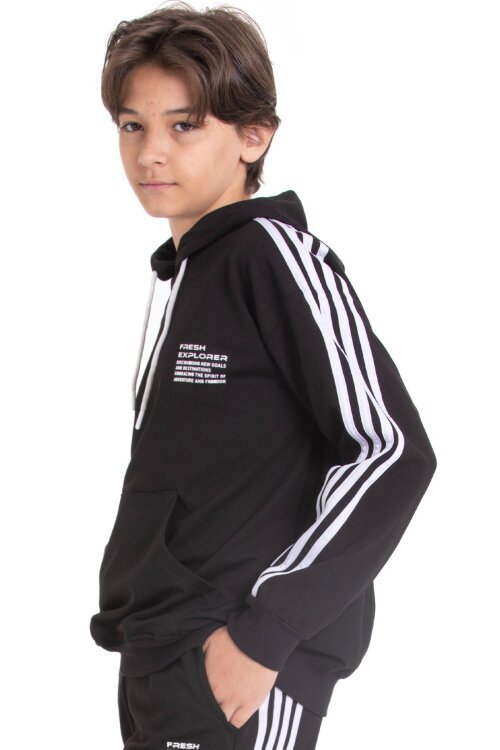 Siyah Erkek Çocuk Kolları Şerit Detaylı Kanguru Cepli Kapüşonlu Sweatshirt 21498