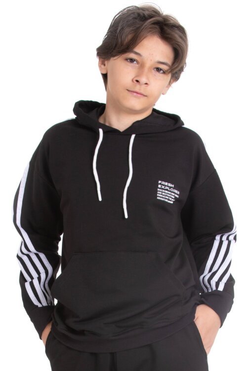 Siyah Erkek Çocuk Kolları Şerit Detaylı Kanguru Cepli Kapüşonlu Sweatshirt 21498
