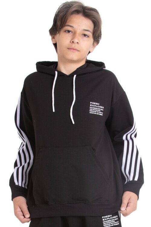 Siyah Erkek Çocuk Kolları Şerit Detaylı Kanguru Cepli Kapüşonlu Sweatshirt 21498