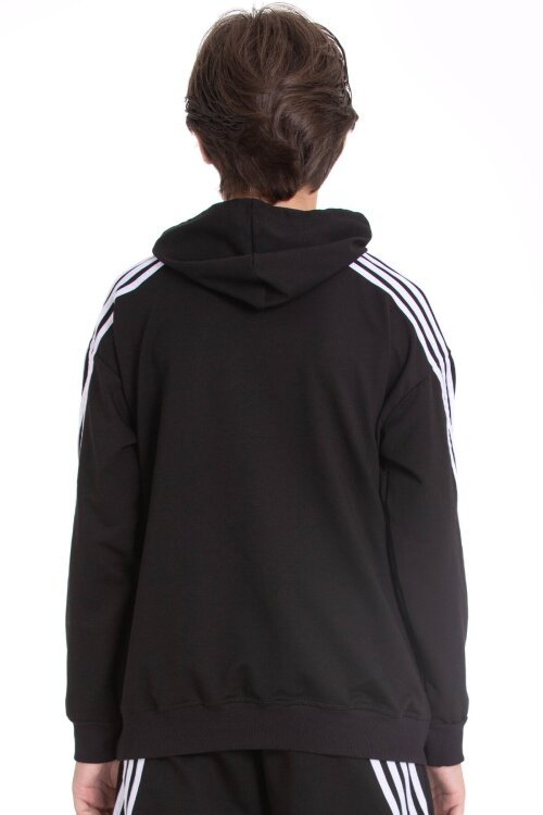 Siyah Erkek Çocuk Kolları Şerit Detaylı Kanguru Cepli Kapüşonlu Sweatshirt 21498