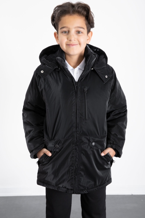 Siyah Fermuarlı Göğüs Cepli İçi Kürklü Erkek Çocuk Kapüşonlu Mont 21356