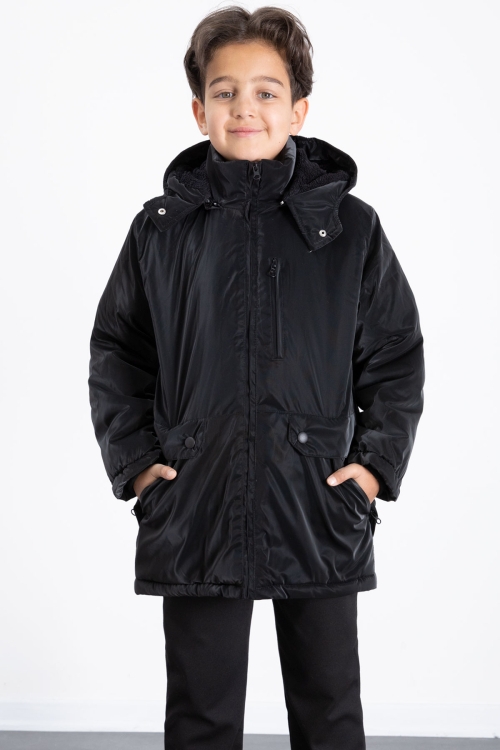 Siyah Fermuarlı Göğüs Cepli İçi Kürklü Erkek Çocuk Kapüşonlu Mont 21356