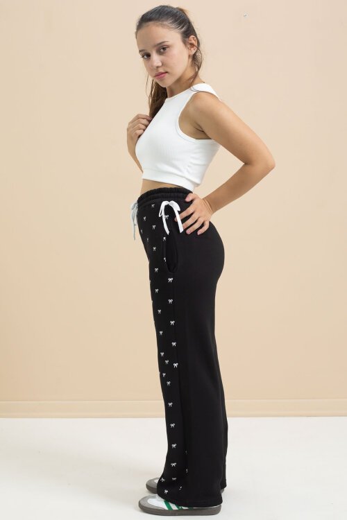 Siyah Fiyonk Baskılı Geniş Paça Kız Çocuk Şardonlu Eşofman Altı 23424