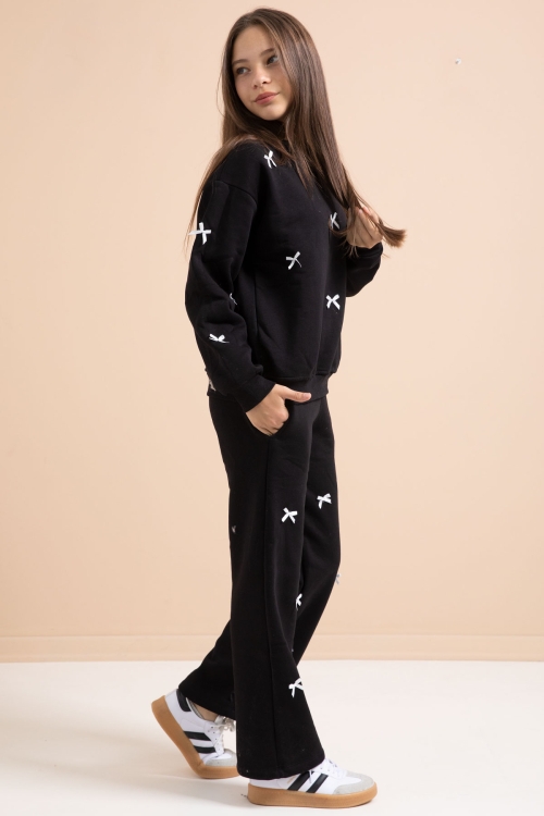 Siyah Fiyonk Nakışlı Bisiklet Yaka Kız Çocuk Şardonlu Eşofman Takımı 21288