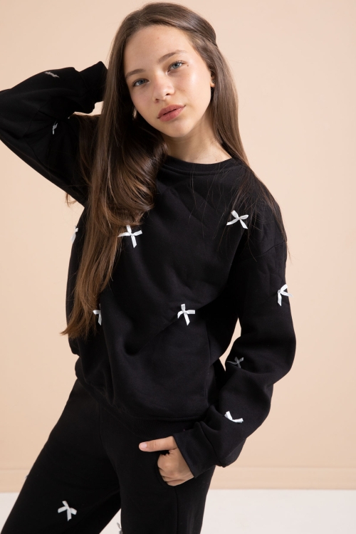 Siyah Fiyonk Nakışlı Bisiklet Yaka Kız Çocuk Şardonlu Eşofman Takımı 21288