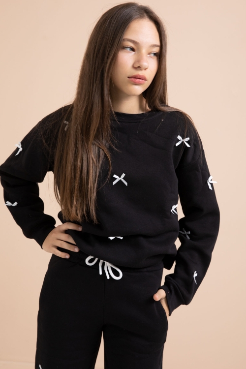 Siyah Fiyonk Nakışlı Bisiklet Yaka Kız Çocuk Şardonlu Eşofman Takımı 21288