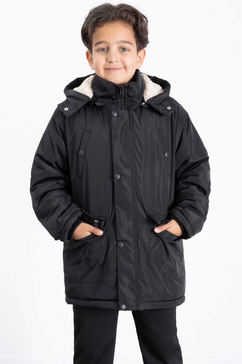 Siyah İçi Kürklü Çıkarılabilir Kapüşonlu Basic Erkek Çocuk Şişme Mont 21439